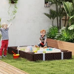Qaba Rectangular Kids Sandbox With Cover, 4 Seats, Bottom Liner, Brown. Fixed Price $119.99.